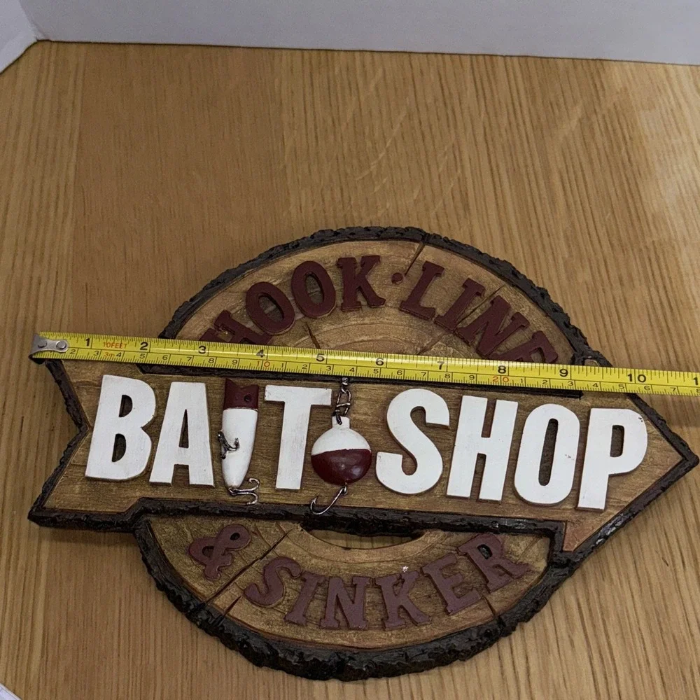 Bait Shop Fishing Sign Bobber Lure Cabin Lodge Decor Rustic Faux Wood Carved